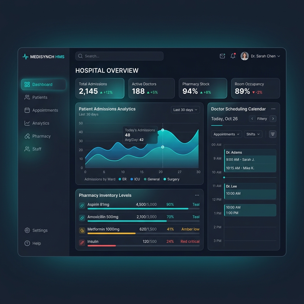 ServLogic Hospital Management System (HMS) Analytics Dashboard Mockup